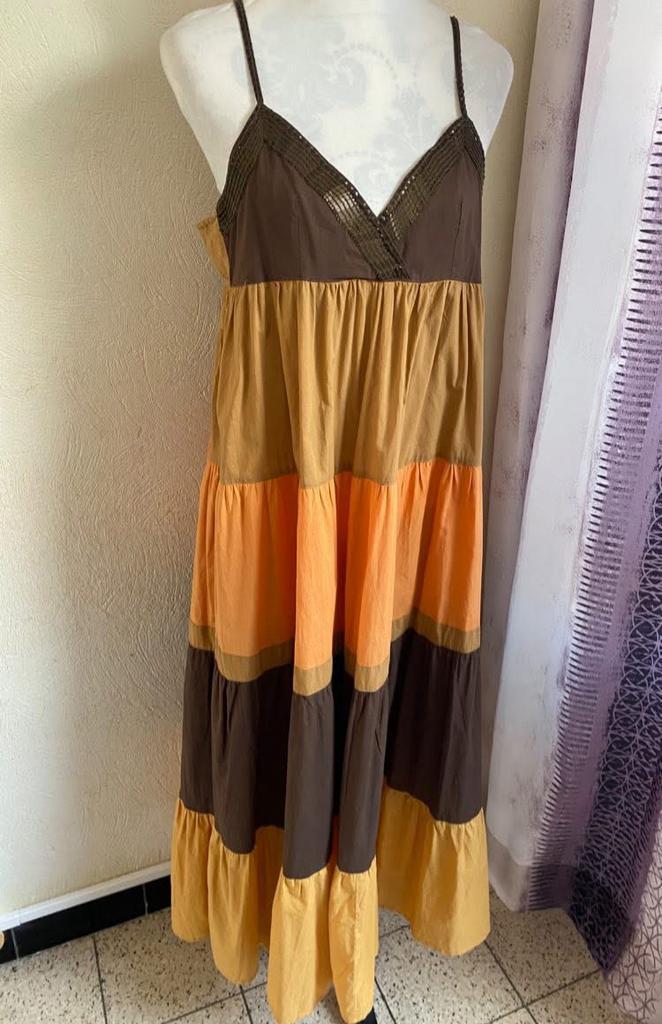 Soepele zomerjurk met ruches — maat 40 (F/E/B/P), Kleding | Dames, Jurken, Zo goed als nieuw, Bruin, Ophalen of Verzenden