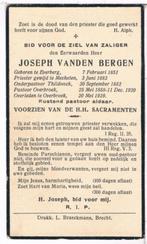 Past. Vande Bergen Joseph. ° Everberg 1851 † Overbroek 1929, Verzamelen, Ophalen of Verzenden, Bidprentje