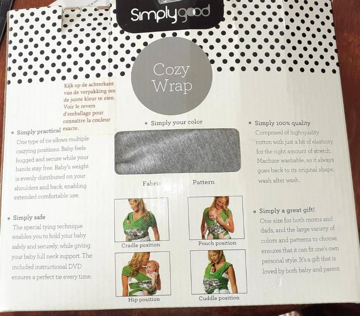 Baby draagdoek Simplygood Cozy wrap grijs, Kinderen en Baby's, Babydragers en Draagdoeken, Nieuw, Draagdoek, Buik, Rug of Zij