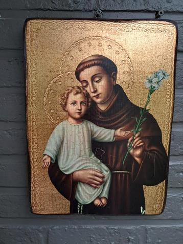 Grote,houten icoon, St Antonius met kind