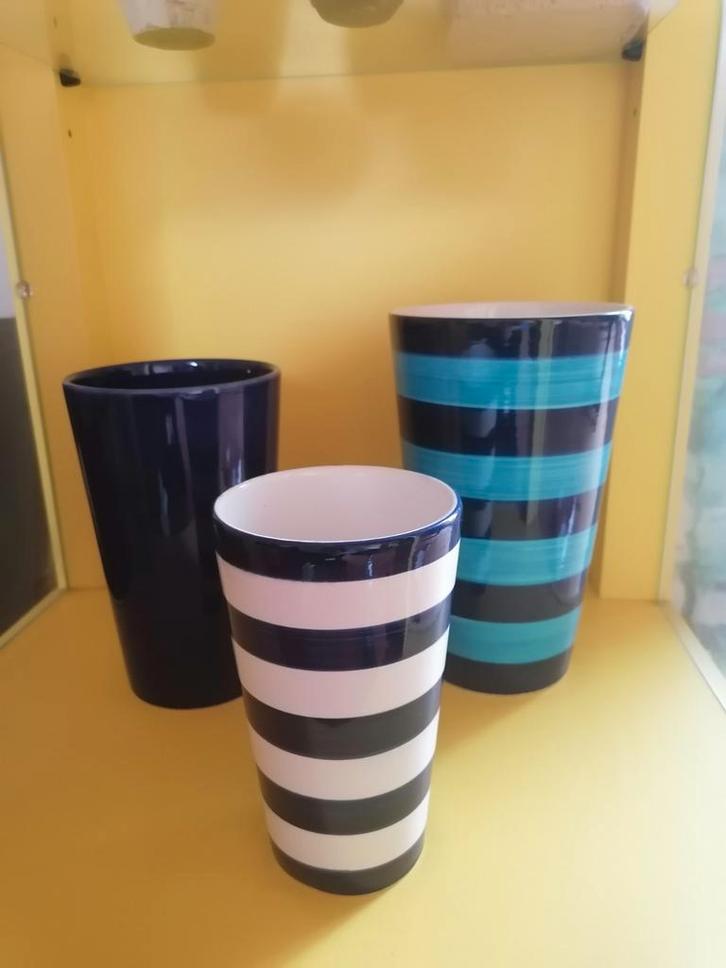 Set van 3 iconische vintage Ikea Konisk vazen blauw strepen, Huis en Inrichting, Woonaccessoires | Vazen, Zo goed als nieuw, Blauw