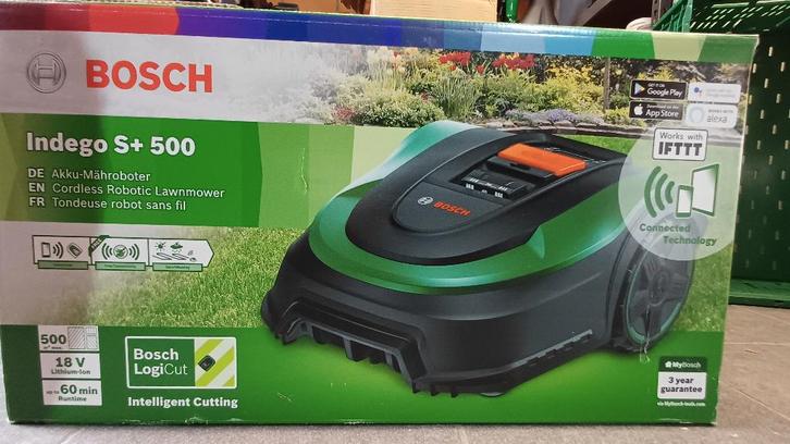 Bosch Indego S+ 500 robotmaaier, 1 jaar oud, deels nieuw, Tuin en Terras, Robotmaaiers, Zo goed als nieuw, Met regensensor, Bestuurbaar via app
