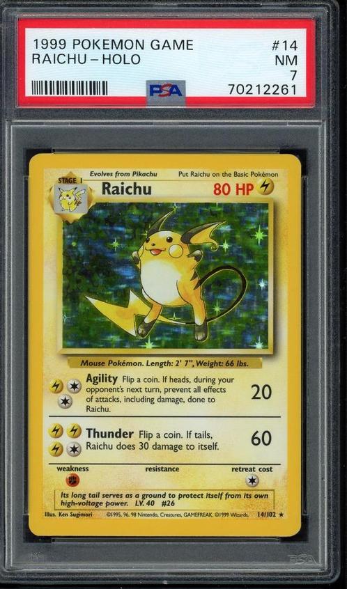 Raichu Holo PSA 7 - 14/102 - Base Set 1999, Hobby en Vrije tijd, Verzamelkaartspellen | Pokémon, Zo goed als nieuw, Losse kaart