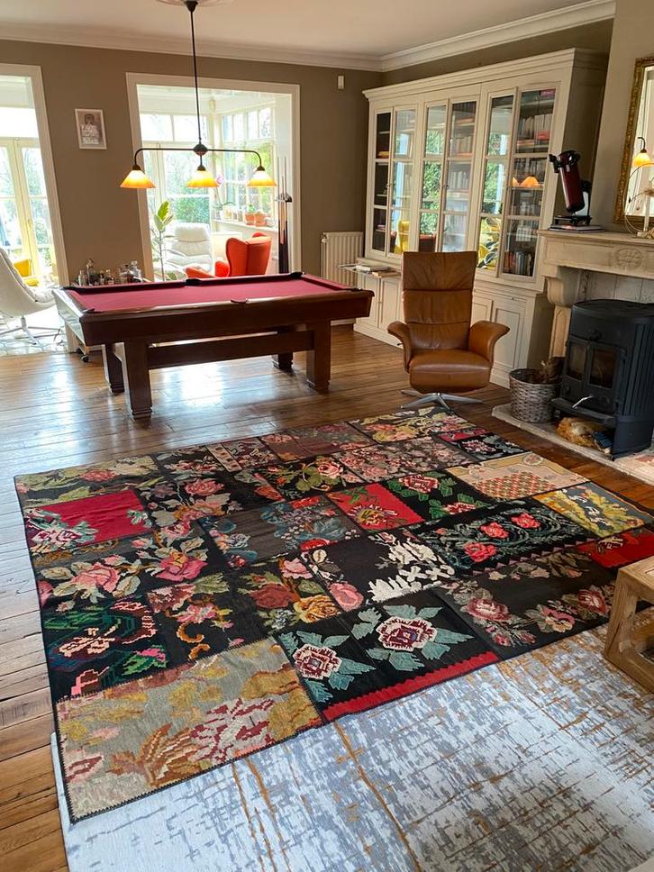 Vitage rozenkelim patchwork vloerkleed tapijt kelim, Huis en Inrichting, Stoffering | Tapijten en Vloerkleden, Gebruikt, 200 cm of meer