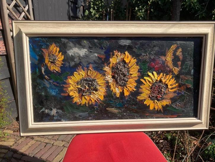 5 zonnebloemen met dikke vette klodders geschilderd vintage, Huis en Inrichting, Woonaccessoires | Schilderijen, Tekeningen en Foto's