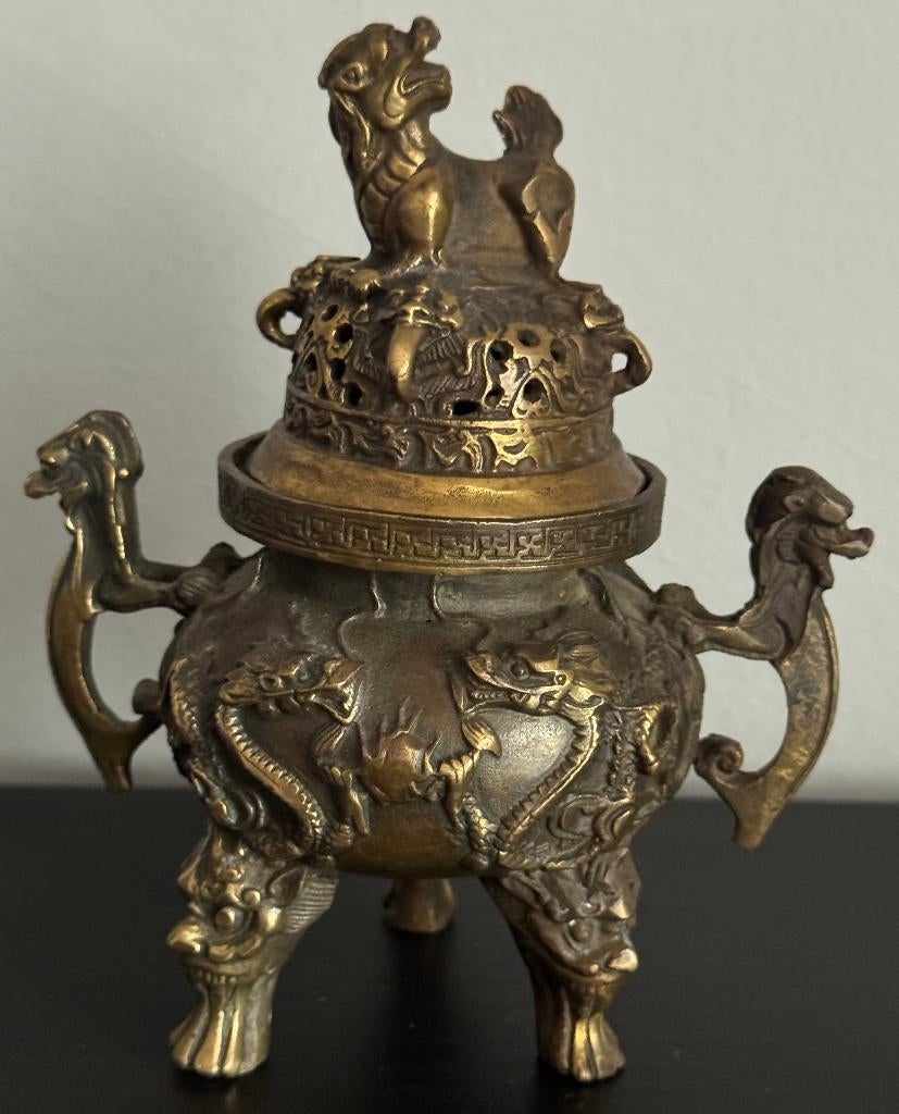 Rare Brûleur d'Encens en Bronze Doré Signé, Antiquités & Art, Enlèvement ou Envoi