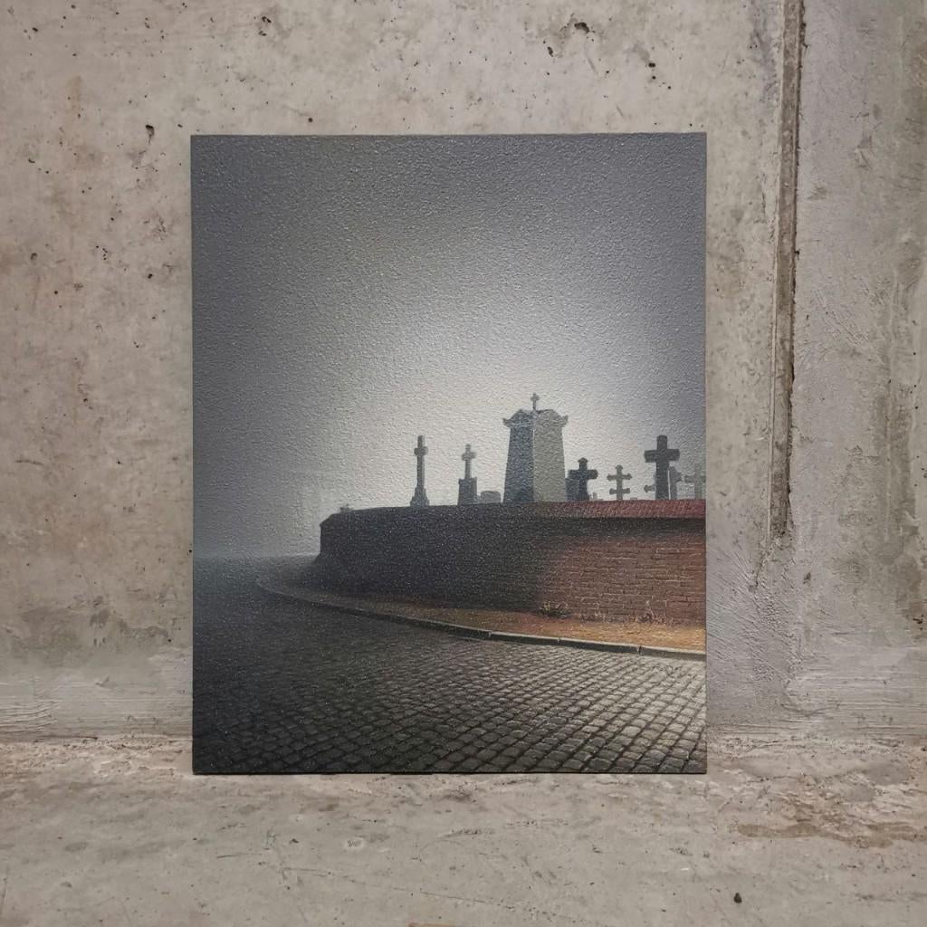 Rue pavée et cimetière (vers 1985-2005) -Mark Van Crombrugge, Antiquités & Art, Art | Peinture | Moderne, Enlèvement