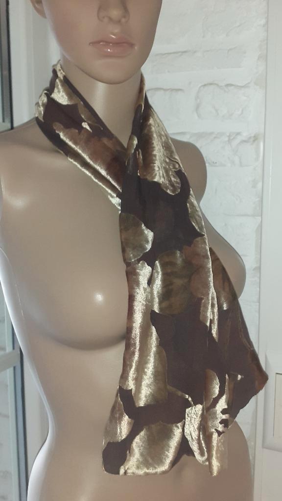 sjaal vintage bruin met devoré gouden motief van bladeren, Kleding | Dames, Mutsen, Sjaals en Handschoenen, Nieuw, Sjaal, Ophalen of Verzenden