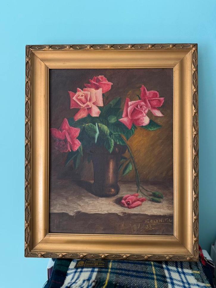Tableau huile sur toile vase de Roses 1933, Antiquités & Art, Art | Peinture | Classique, Enlèvement