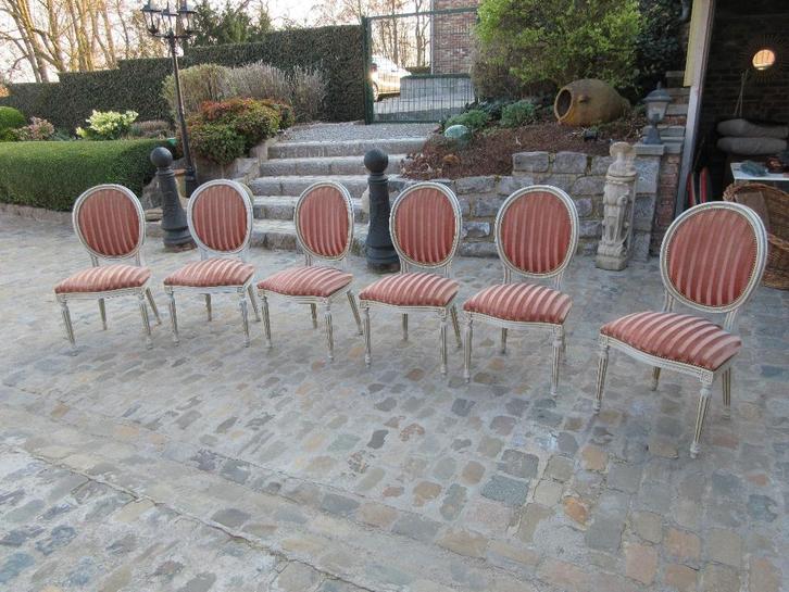 6 chaises de salle à manger style rustique gris velours roze, Antiquités & Art, Antiquités | Meubles | Chaises & Canapés, Enlèvement