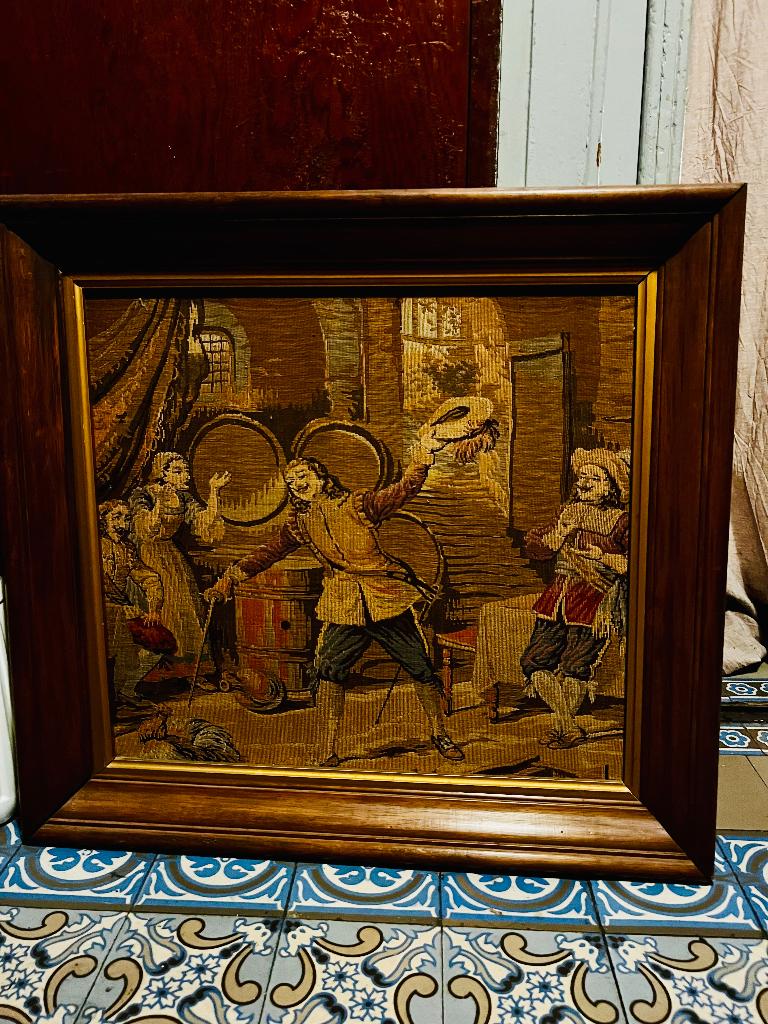 Gobelin wandtapijt–Vlaamse herbergscène (Teniers-stijl), Ophalen