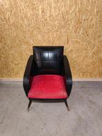 Vintage Loungefauteuil – Zwart Skai Leder & Rode Stoffen Zit