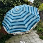 Vintage parasol, blauw gestreept met franjes en kantelbaar, Ophalen of Verzenden