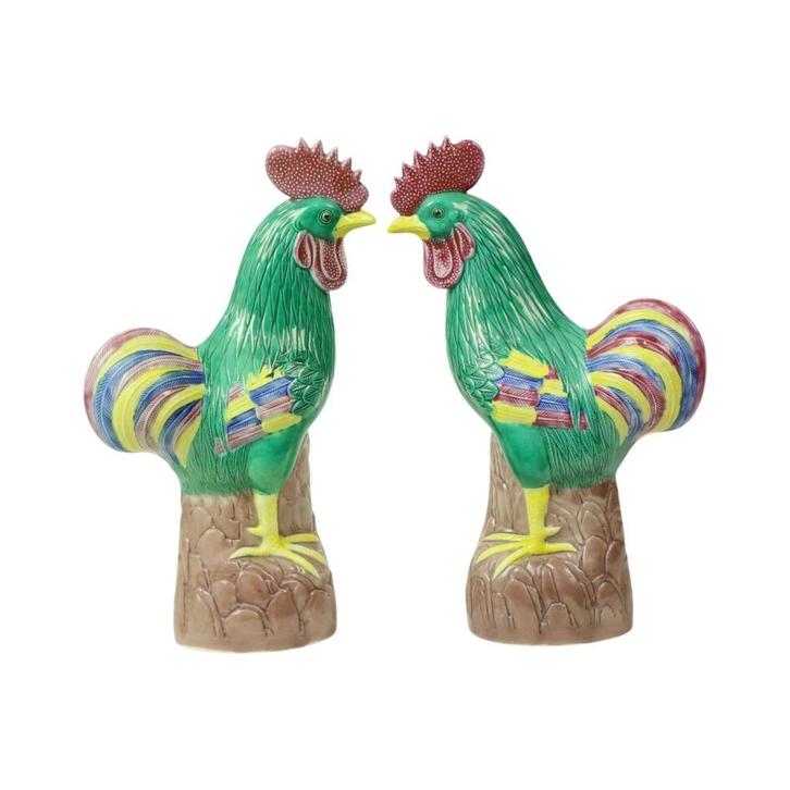 Koppel Geglazuurde Polychrome Hanen Chinees Porselein 34cm, Antiek en Kunst, Antiek | Porselein, Ophalen of Verzenden
