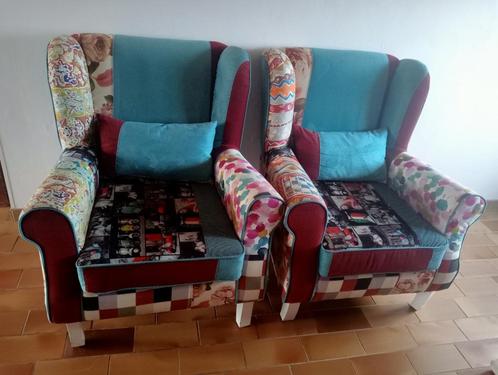 2 fauteuils à oreilles traditionnel patchwork, Huis en Inrichting, Fauteuils, Zo goed als nieuw, Hout, Kunststof, Stof, Ophalen
