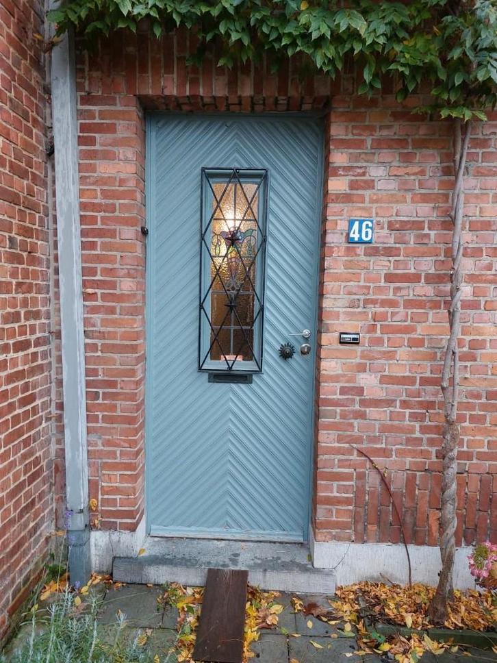 Voordeur uit jaren 50 (met glas in lood en smeedwerk), Doe-het-zelf en Bouw, Deuren en Vliegenramen, Gebruikt, Buitendeur, 200 tot 215 cm