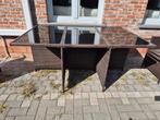 Terrastafel kubus bruin met 6 stoelen, kussens en 4 krukjes, Ophalen, Gebruikt, 6 zitplaatsen, Wicker