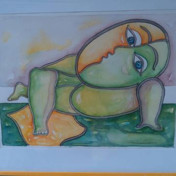 Originele aquarel "Relax" ingelijst 54 cm x44 cm. beschikbaar voor biedingen