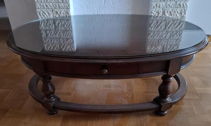 Ovalen houten salontafel met glas en met lade, Huis en Inrichting, Tafels | Salontafels, Zo goed als nieuw, Minder dan 50 cm, 50 tot 100 cm