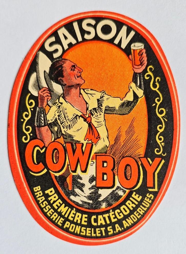 Saison Cow-Boy Brasserie Ponselet Etiquette Bière Label 55, Verzamelen, Biermerken, Zo goed als nieuw, Overige typen, Overige merken