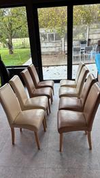 Set van 8 leren beige-bruine stoelen met natuureiken poten, Huis en Inrichting, Ophalen, Gebruikt, Overige kleuren, Hout
