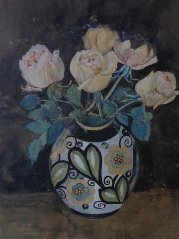 oude aquarel Vaas met bloemen E. J. Delvoye