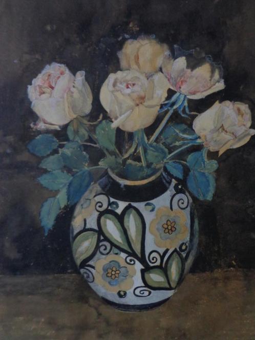 oude aquarel Vaas met bloemen E. J. Delvoye, Antiek en Kunst, Kunst | Schilderijen | Klassiek, Ophalen of Verzenden