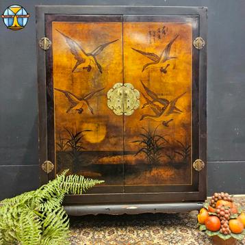 Vintage Chinese kast vogels / bladgoud / bohemian kast  beschikbaar voor biedingen