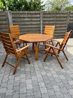 Tuinset 8 hoekige tafel en 4 vouwstoelen hout, Tuin en Terras, Ophalen, 4 zitplaatsen, Zo goed als nieuw, Tuinset