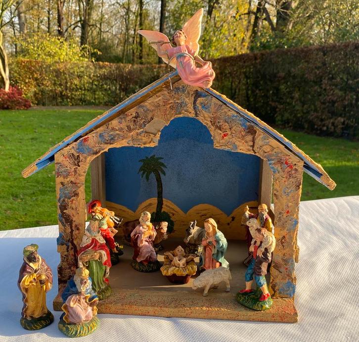 Vintage kerststal met originele keramieken beeldjes (1958), Diversen, Kerst, Gebruikt, Ophalen