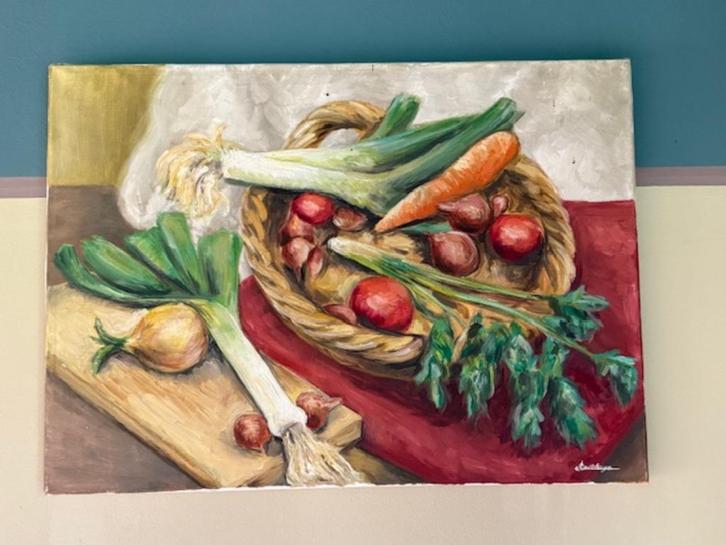 stilleven schilderijtje olieverf : groenten 55/45, Antiek en Kunst, Kunst | Schilderijen | Klassiek, Ophalen