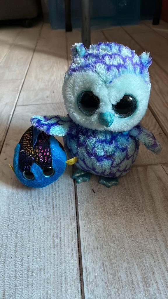Ty beanie boo knuffels: oscar de blauwe uil en aqua de vis, Kinderen en Baby's, Speelgoed | Knuffels en Pluche, Zo goed als nieuw