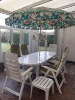 Tuintafel, stoelen,parasol en toebehoren., Tuin en Terras, Tuintafels, Ophalen, Gebruikt, Ovaal, Kunststof