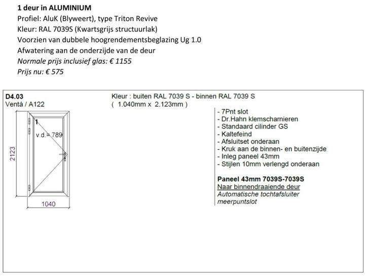 1 deur ALU kwartsgrijs - NIEUW, Doe-het-zelf en Bouw, Deuren en Vliegenramen, Nieuw, Buitendeur, 215 cm of meer, 100 tot 120 cm