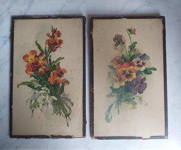 2 mooie ingelijste oude bloemen litho's gesigneerd C Klein beschikbaar voor biedingen