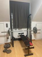 Fitness rack + barbell + gewichten + bench., Sport en Fitness, Fitnessmaterialen, Ophalen, Zo goed als nieuw, Halterschijven