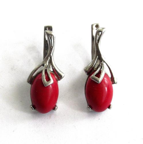 Vintage sterling zilveren 925 oorbellen met rode koraal, '80, Handtassen en Accessoires, Antieke sieraden, Oorbellen, Zilver, Met edelsteen