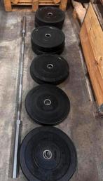 140kg Bumperplates + Olympisch Barbell 220cm, Ophalen, Gebruikt, Halterschijven