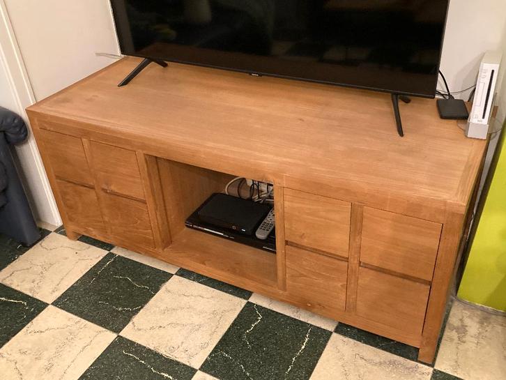 Houten tv-meubel teak met laden, Huis en Inrichting, Kasten |Televisiemeubels, Gebruikt, Minder dan 100 cm, 100 tot 150 cm, 50 tot 75 cm