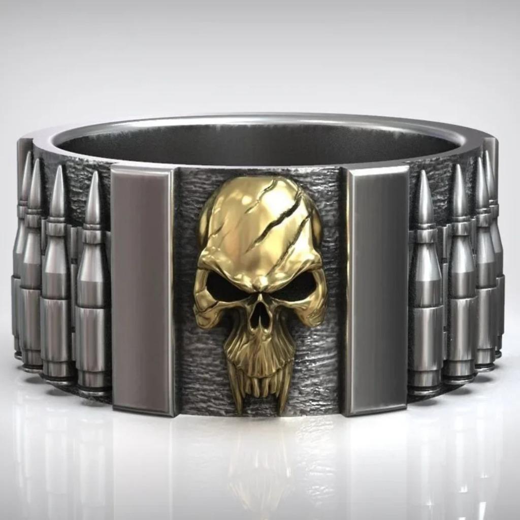 Zilveren skull ring met kogelriem - 925 zilver, Bijoux, Sacs & Beauté, Bagues, Neuf, Femme ou Homme, Argent, Argent, Envoi