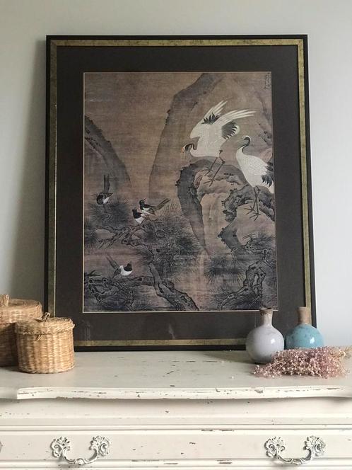 Chinees kunstwerk (reproductie) kraanvogels in dennenboom, Antiek en Kunst, Kunst | Niet-Westerse kunst, Ophalen