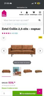 Zetel ‘Collin’ 2,5-zit cognac - Leenbakker (Origineel €649), Huis en Inrichting, Ophalen, Driepersoons, Zo goed als nieuw, Rechte bank