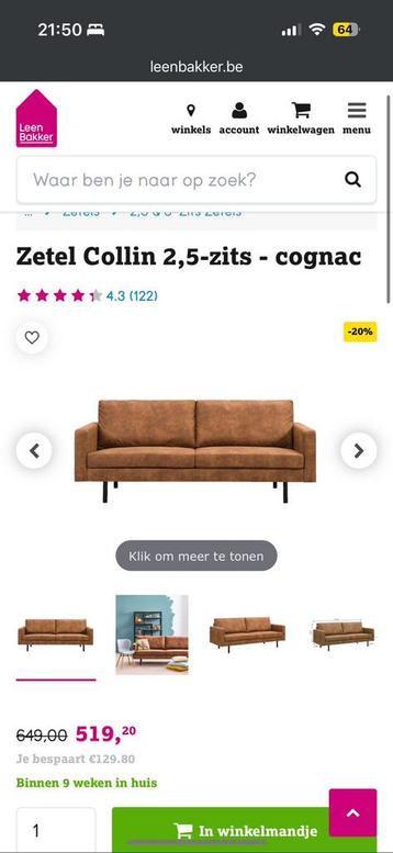 Zetel ‘Collin’ 2,5-zit cognac - Leenbakker (Origineel €649) beschikbaar voor biedingen
