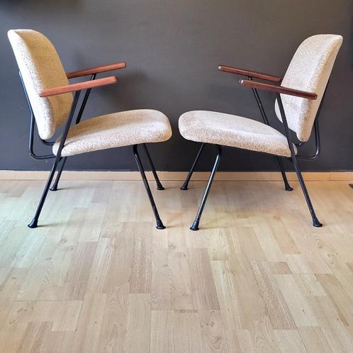 ✔️ Paar KEMBO designzetels Willem Gispen 60s', Huis en Inrichting, Fauteuils, Zo goed als nieuw, Hout, Metaal, Stof, 50 tot 75 cm