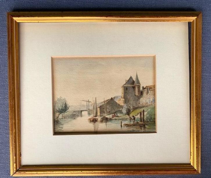 Stadje aan de rivier met personen 1841 - Willem van Hove (NL, Antiek en Kunst, Kunst | Schilderijen | Klassiek, Ophalen of Verzenden