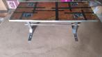 Vintage salontafel met glazen blad., Ophalen, Minder dan 50 cm, 100 tot 150 cm, Vintage met kleur.
