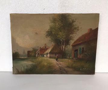 Landschap met hoeve, E.Braems, olieverf op doek, Enlèvement
