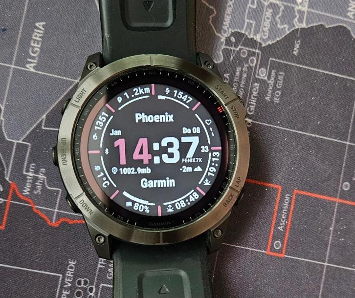 Mooie Garmin Fenix 7X Solar Power Glass Zwart 51mm, Handtassen en Accessoires, Sporthorloges, Zo goed als nieuw, Android, Zwart
