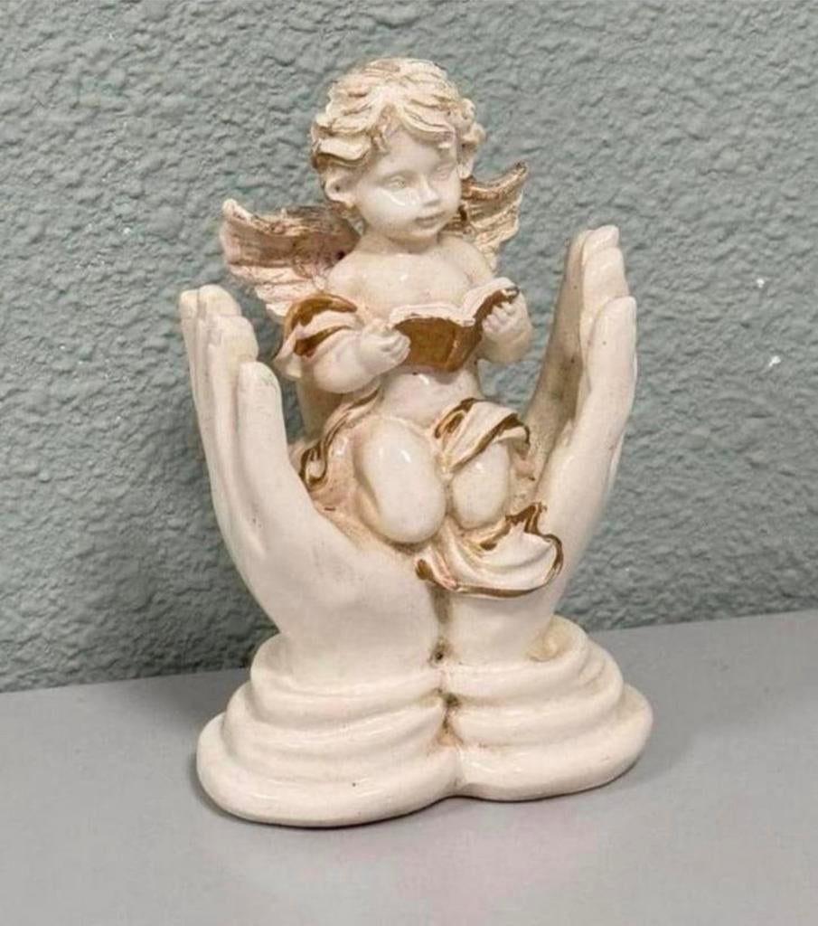 Statue ancienne ange chérubin à la main avec livre, Antiquités & Art, Enlèvement ou Envoi