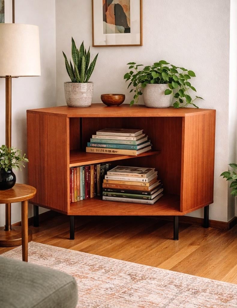 Prachtige vintage teakhouten hoekkast / audiomeubel, Teck, Avec tablette(s), Comme neuf, Enlèvement